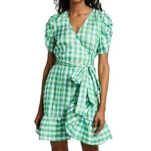 TANYA TAYLOR Natasha Gingham Faux Wrap Green Blue Puff Sleeve Ruffle Dress